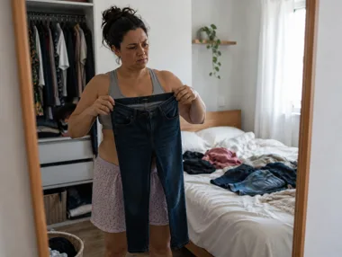 Mulher no quarto segurando uma calça jeans na frente do corpo, diante do guarda-roupa aberto