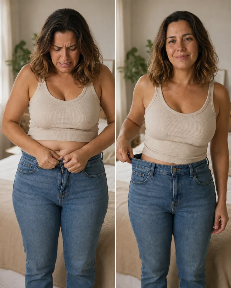Mulher tentando fechar a calca jeans e, ao lado, a mesma calca ja fechada com folga na cintura